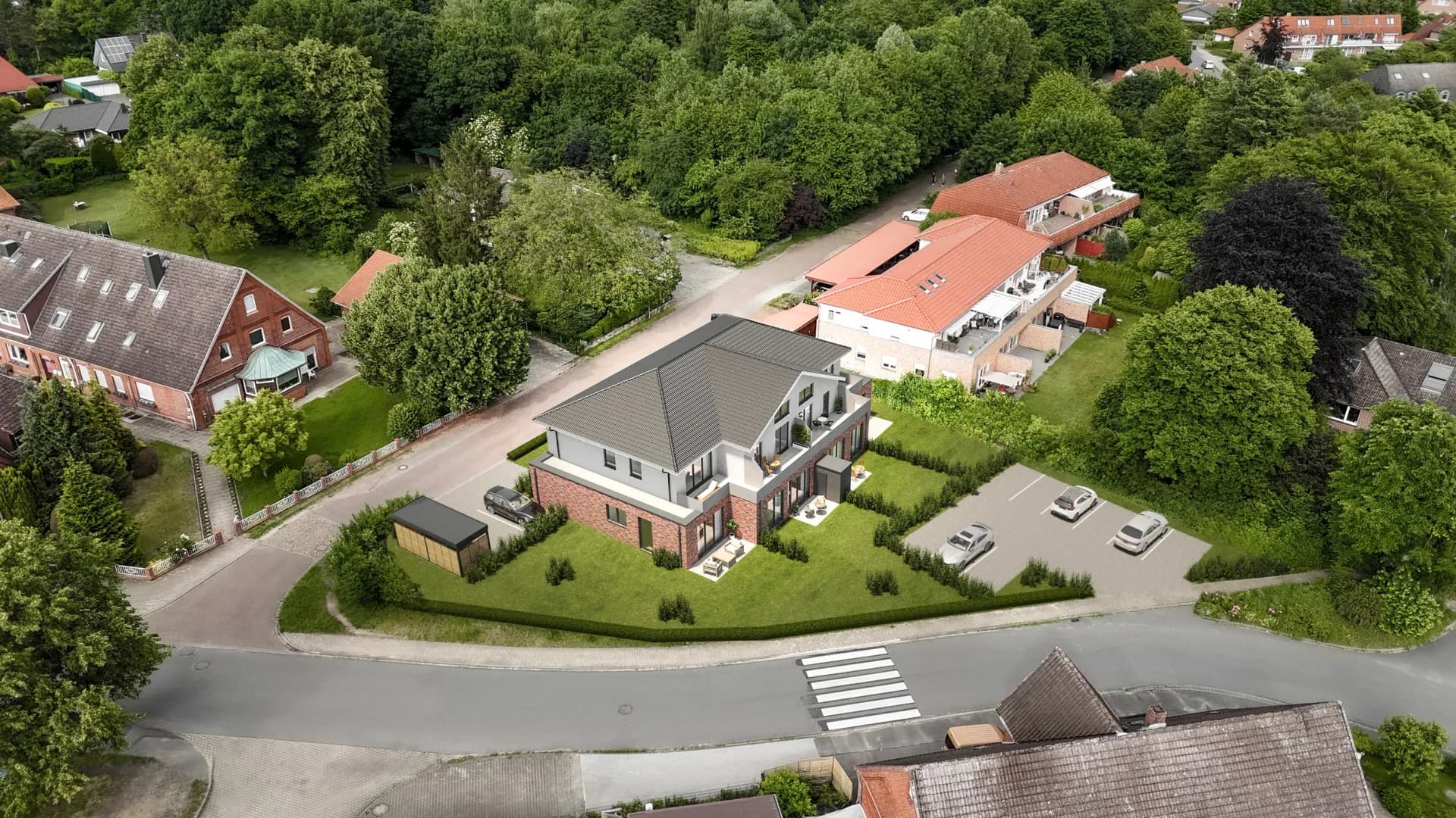 Dorfstraße - Adendorf, aerial view, architectural visualization